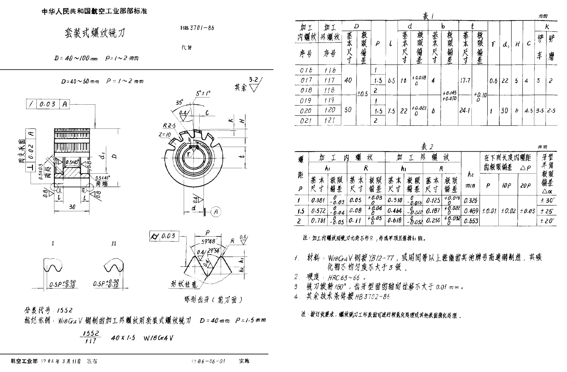 HB 3701-1986套裝式螺紋銑刀 D＝40~100mm P＝1~2mm