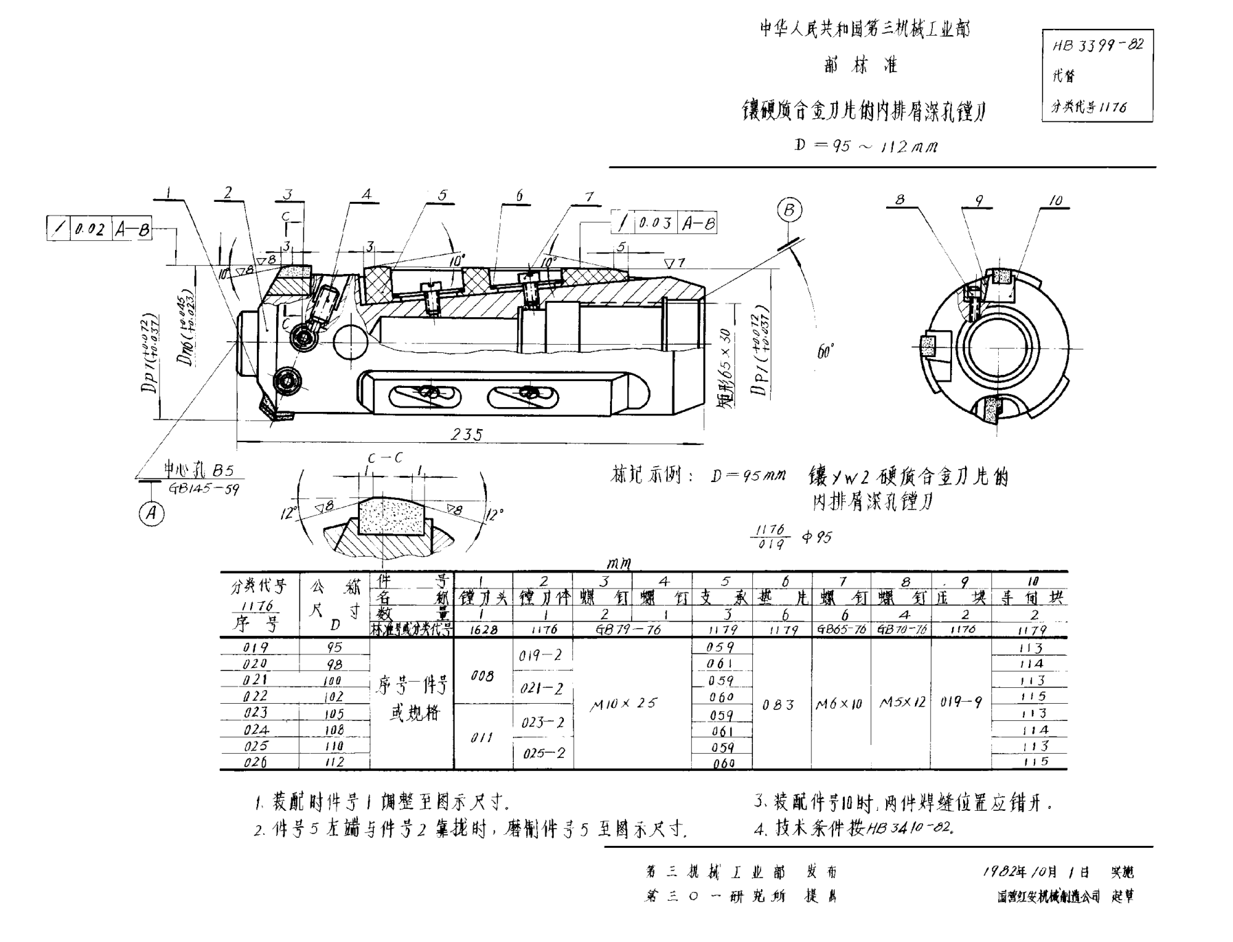 HB 3399-1982鑲硬質(zhì)合金刀片的內(nèi)排屑深孔鏜刀 D＝95~112mm