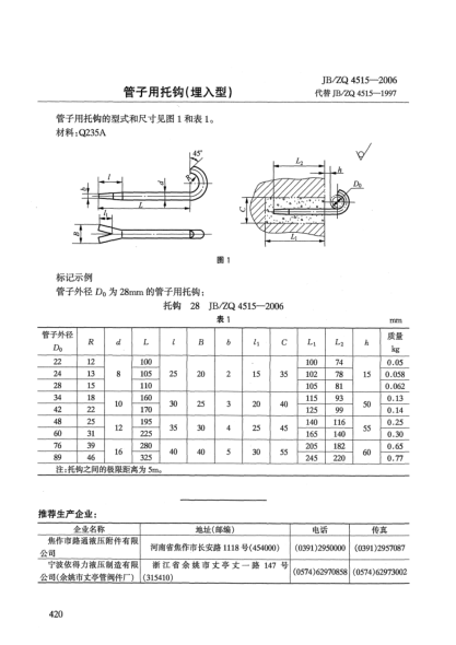 JB/ZQ 4515-2006管子用托鉤(埋入型)