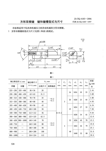JB/ZQ 4183-2006方形雙楔鍵.鍵和鍵槽型式與尺寸