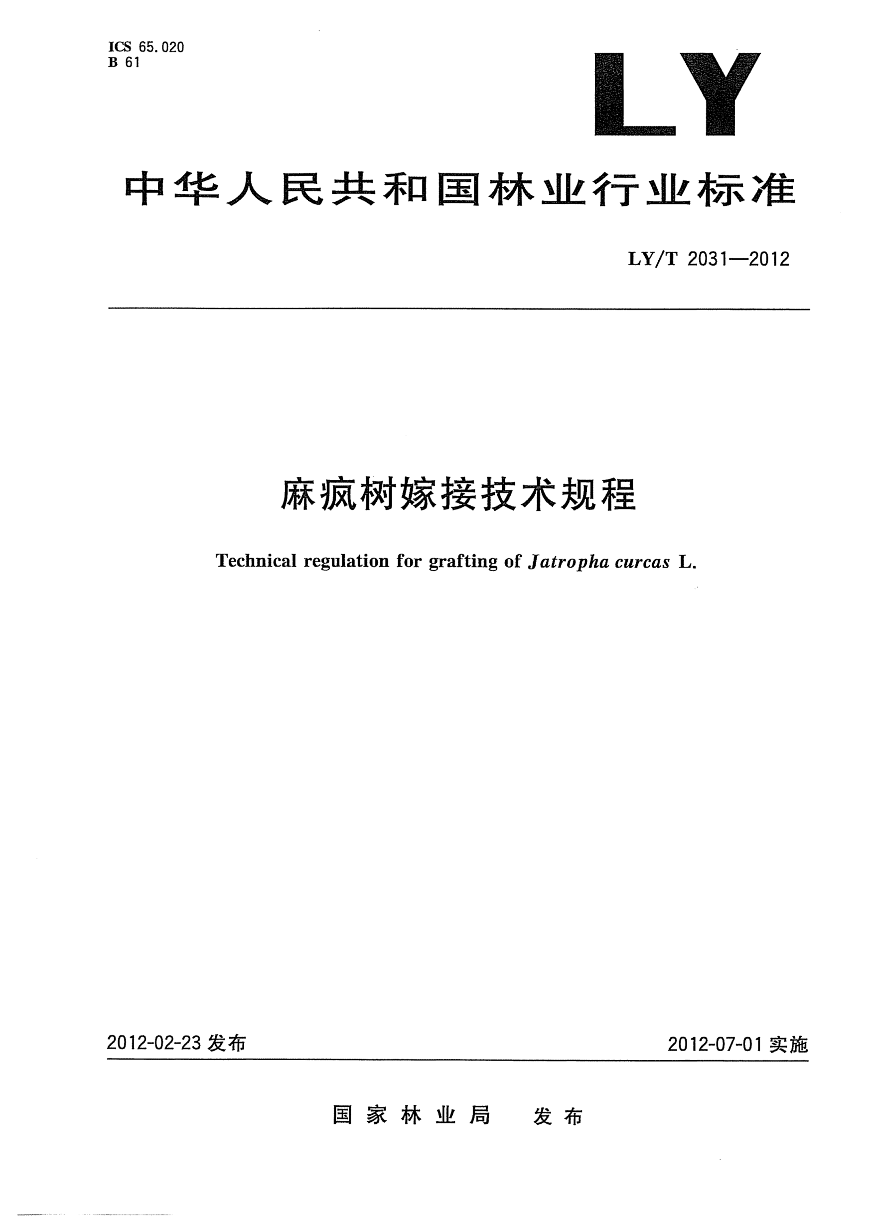 LY/T 2031-2012麻瘋樹嫁接技術規(guī)程Technical regulation for grafting of Jatropha curcas L.