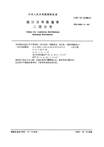 GB/T 4086.5-1983統(tǒng)計(jì)分布數(shù)值表  二項(xiàng)分布