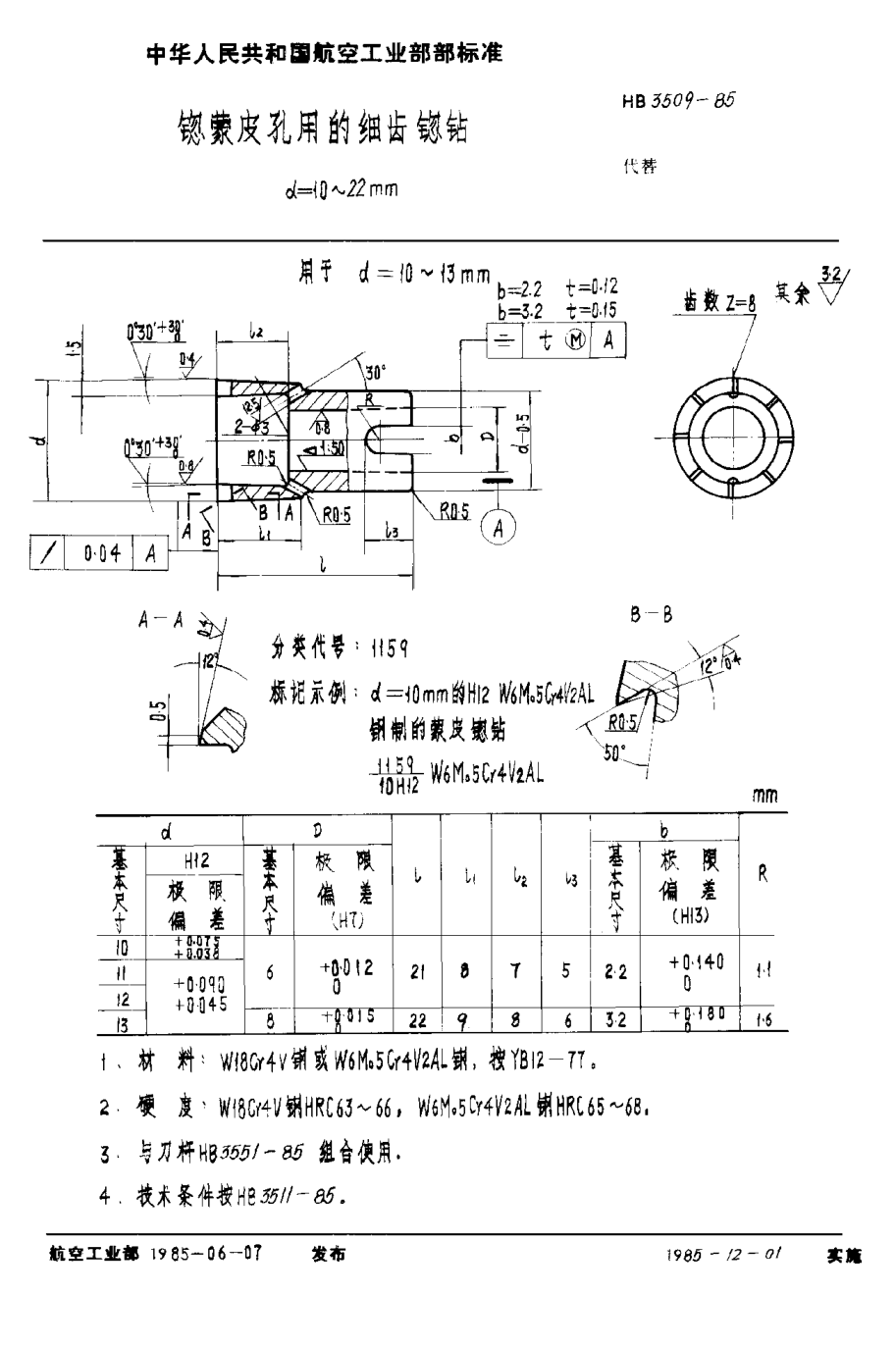 HB 3509-1985锪蒙皮孔用的細(xì)齒锪鉆 d＝10~22mm
