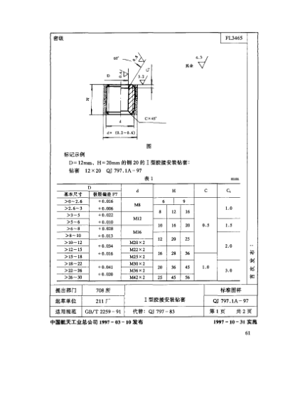 QJ 797.1A-1997機(jī)床夾具零件及部件 Ⅰ型膠接安裝鉆套