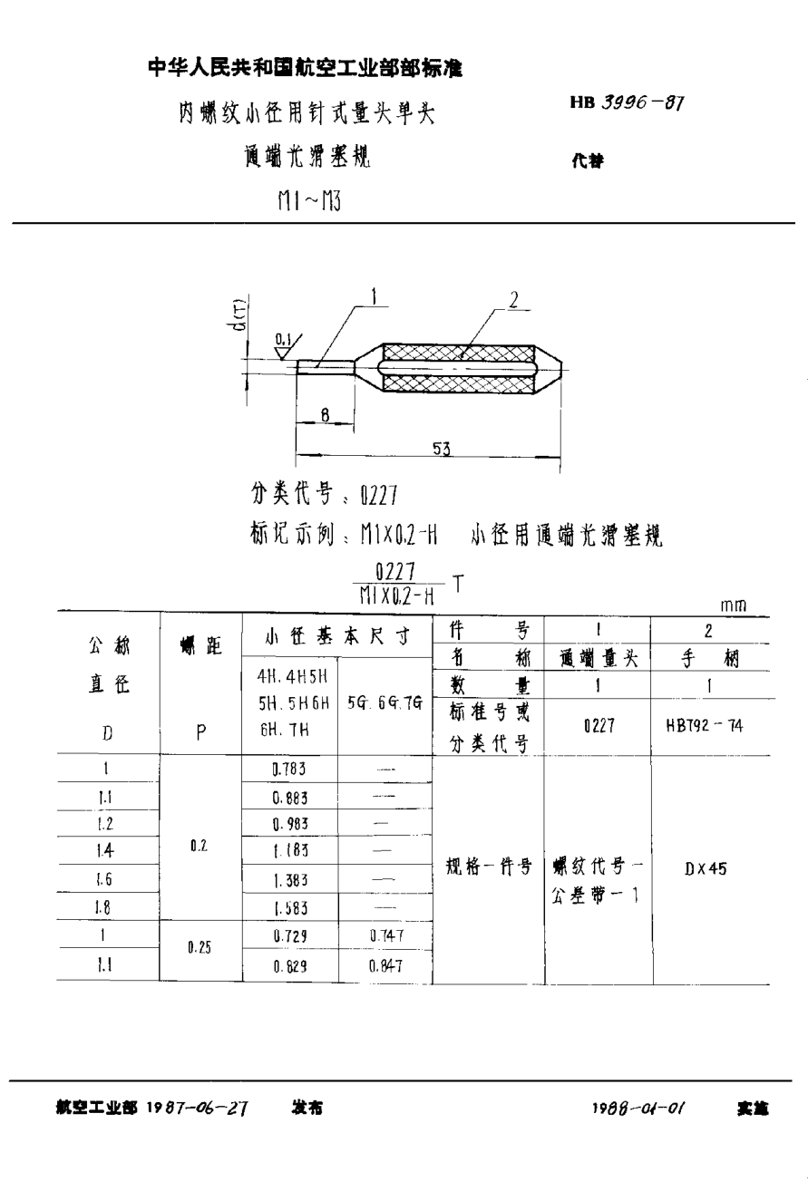 HB 3996-1987內(nèi)螺紋小徑用針式量頭單頭通端光滑塞規(guī) M1？M3