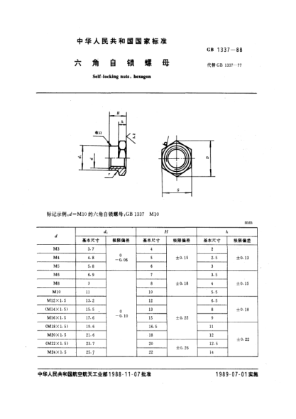 GB/T 1337-1988六角自鎖螺母Self-locking nuts,hexagon