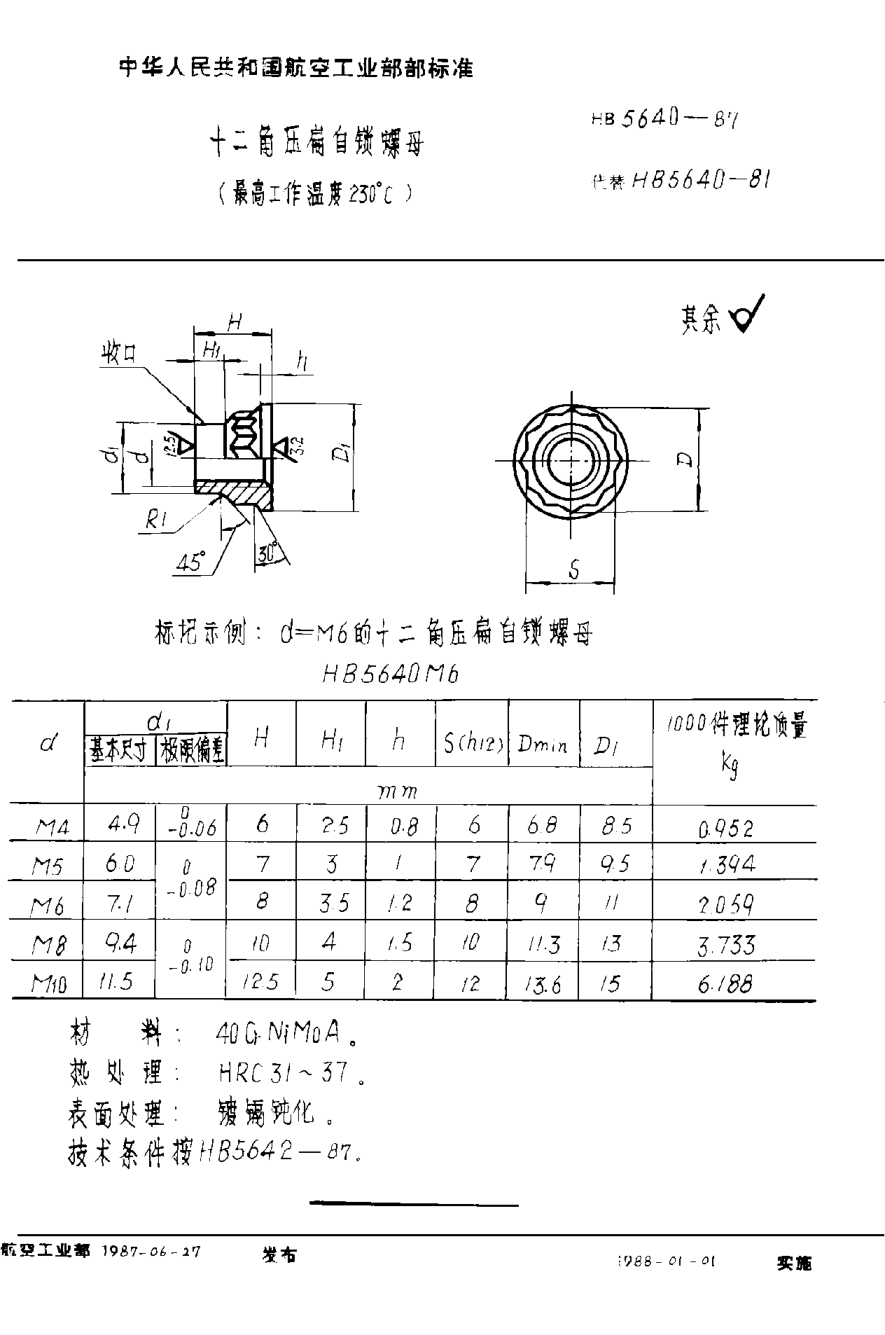 HB 5640-1987十二角壓扁自鎖螺母（最高工作溫度２３０°Ｃ）