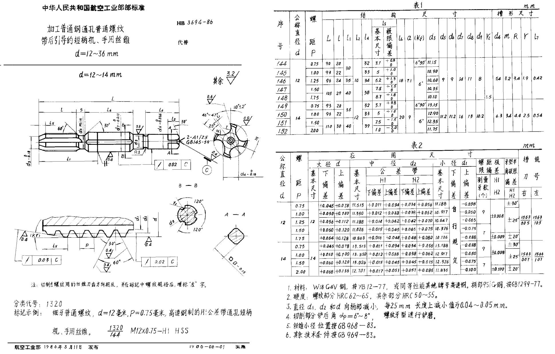 HB 3694-1986加工普通鋼通孔普通螺紋帶后引導(dǎo)的短柄機(jī)、手用絲錐 d＝12~36mm