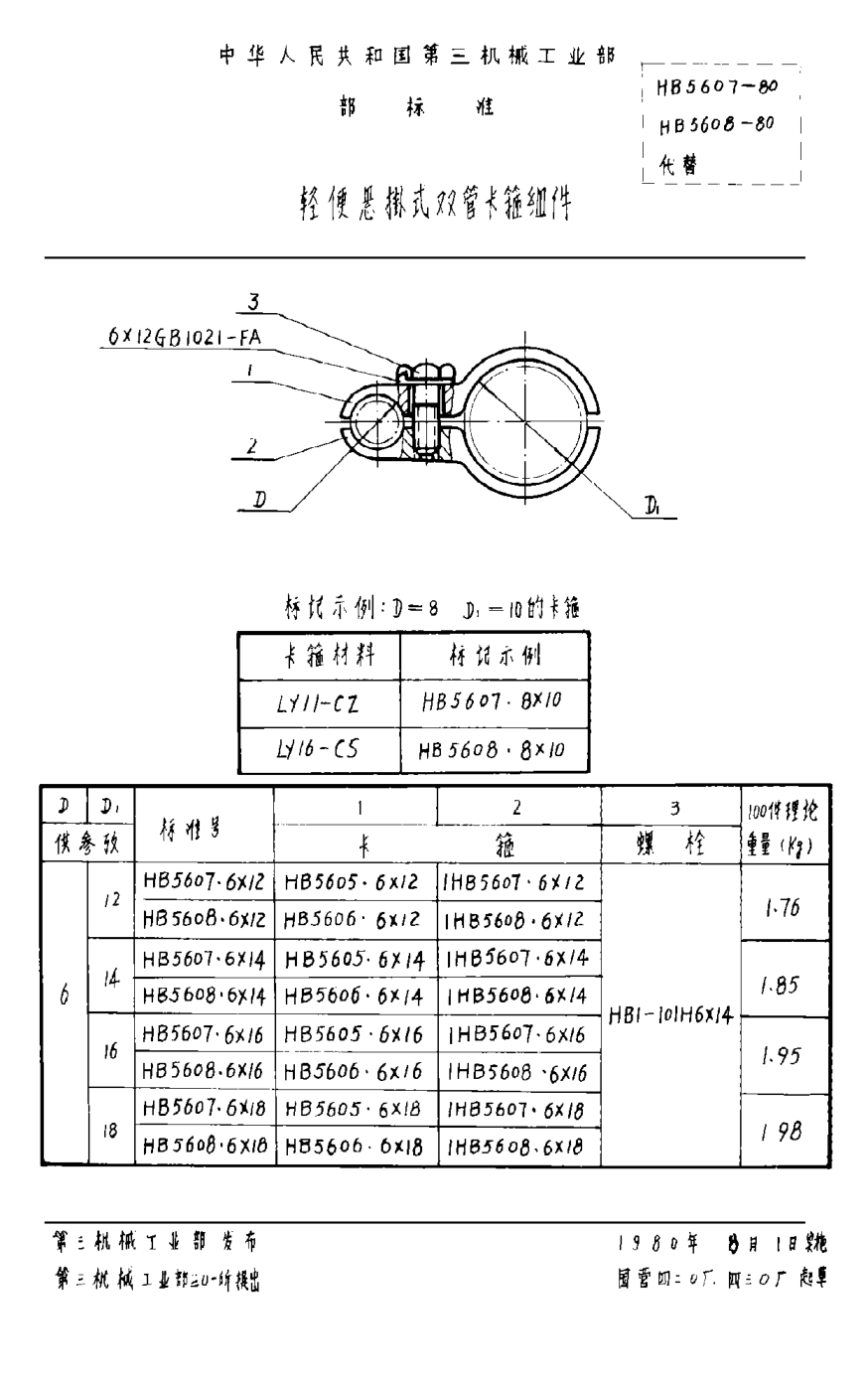 HB 5607-1980輕便懸掛式雙管卡箍組件