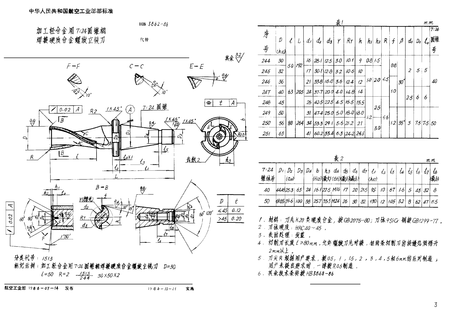 HB 3862-1986加工輕合金用７∶２４圓錐柄焊接硬質(zhì)合金螺旋立銑刀