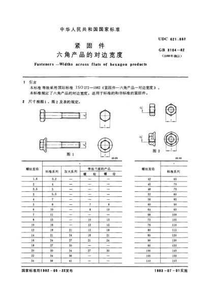 GB/T 3104-1982緊固件  六角產(chǎn)品的對邊寬度Fasteners; Widths across flats of hexagon products