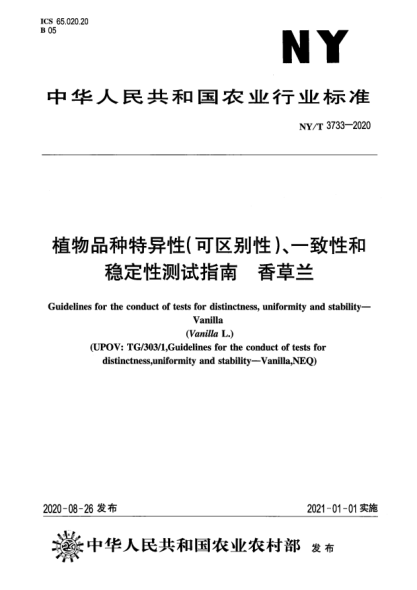 NY/T 3733-2020植物品種特異性（可區(qū)別性）、一致性和穩(wěn)定性測試指南 香草蘭