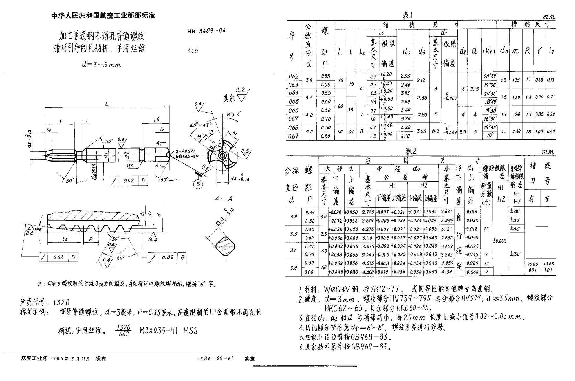 HB 3689-1986加工普通鋼不通孔普通螺紋帶后引導(dǎo)的長柄機(jī)、手用絲錐 d＝3~5mm