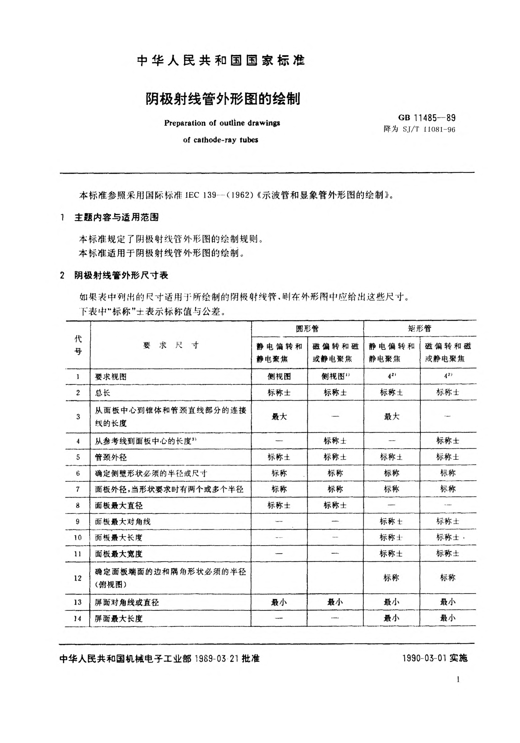 SJ/T 11081-1996陰極射線管外形圖的繪制Preparation of outline drawings of cathode-ray tubes