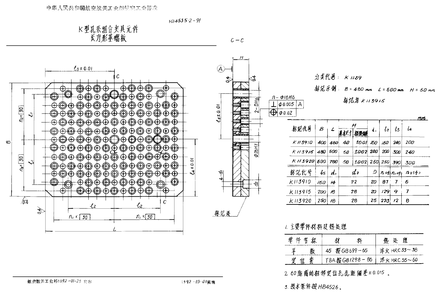 HB 4535.2-1991Ｋ型孔系組合夾具元件 長方形基礎(chǔ)板