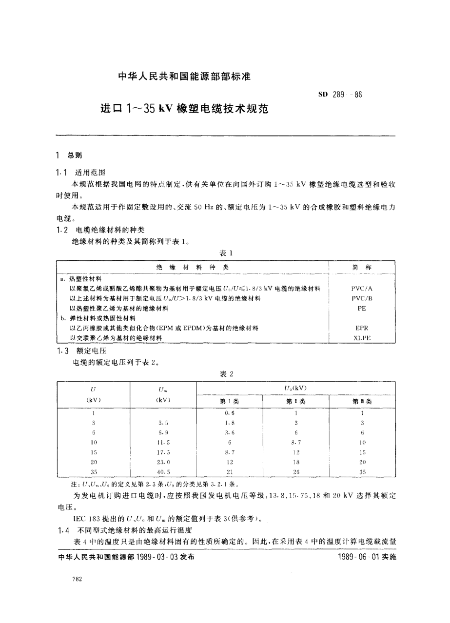 SD 289-1988進口1～35 kV橡塑電纜技術(shù)規(guī)范