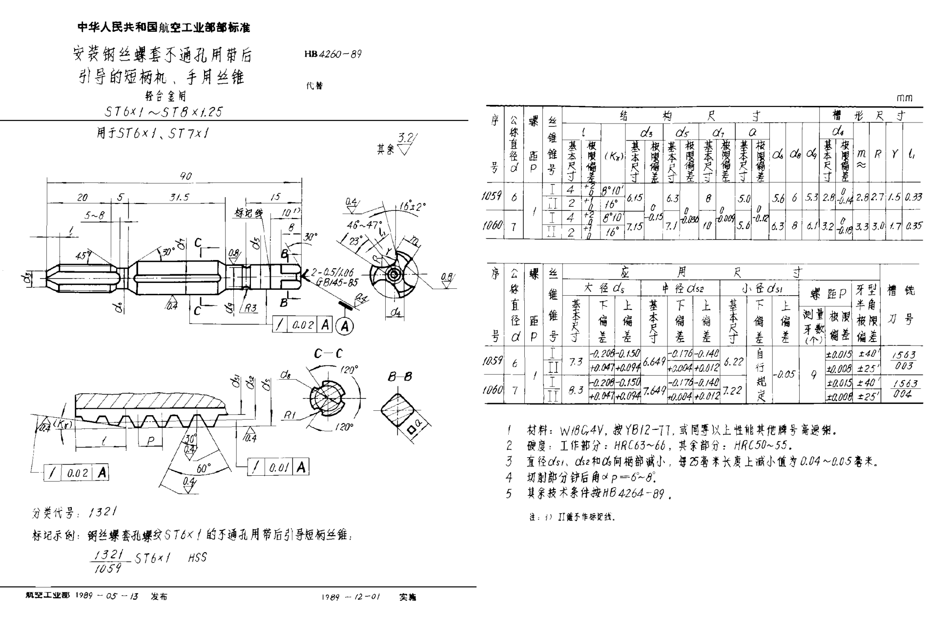 HB 4260-1989安裝鋼絲螺套不通孔用帶后引導(dǎo)的短柄機(jī)、手用絲錐 輕合金用 ＳＴ６×１~ＳＴ８×1.25