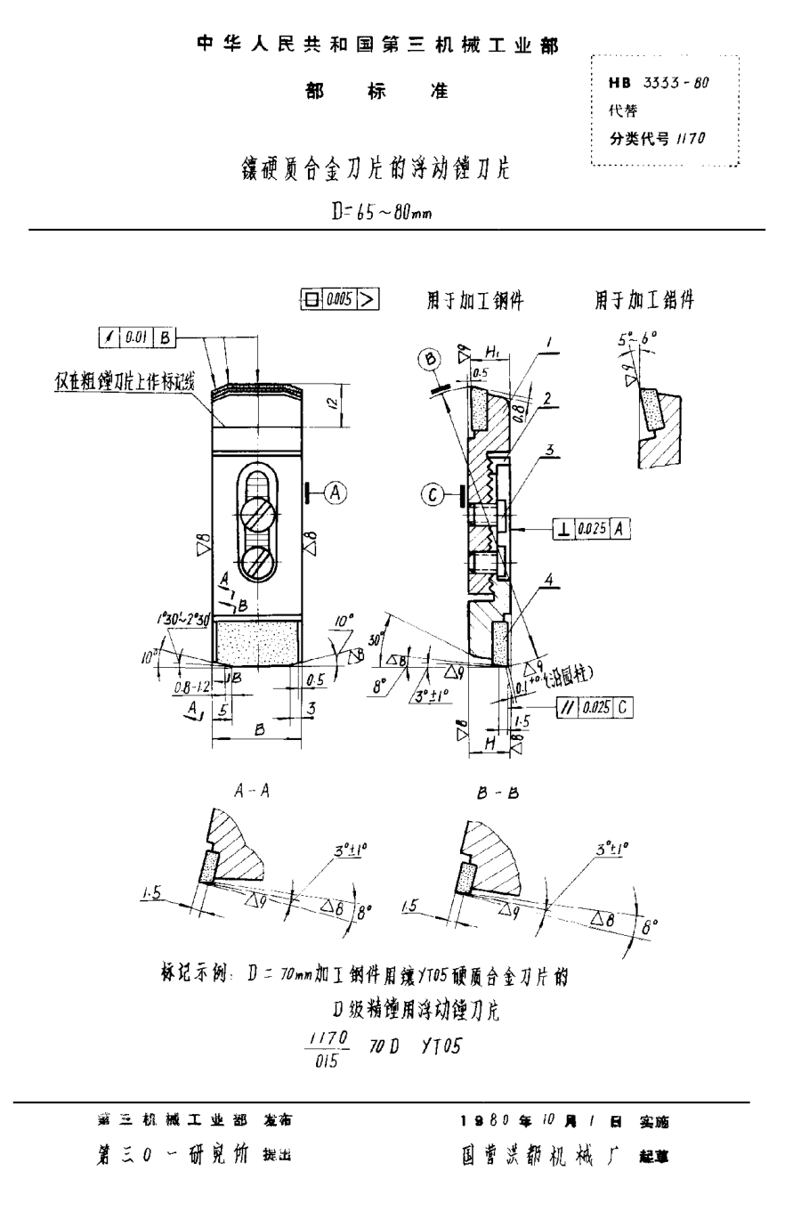 HB 3333-1980鑲硬質(zhì)合金刀片的浮動(dòng)鏜刀片 D＝65~80mm