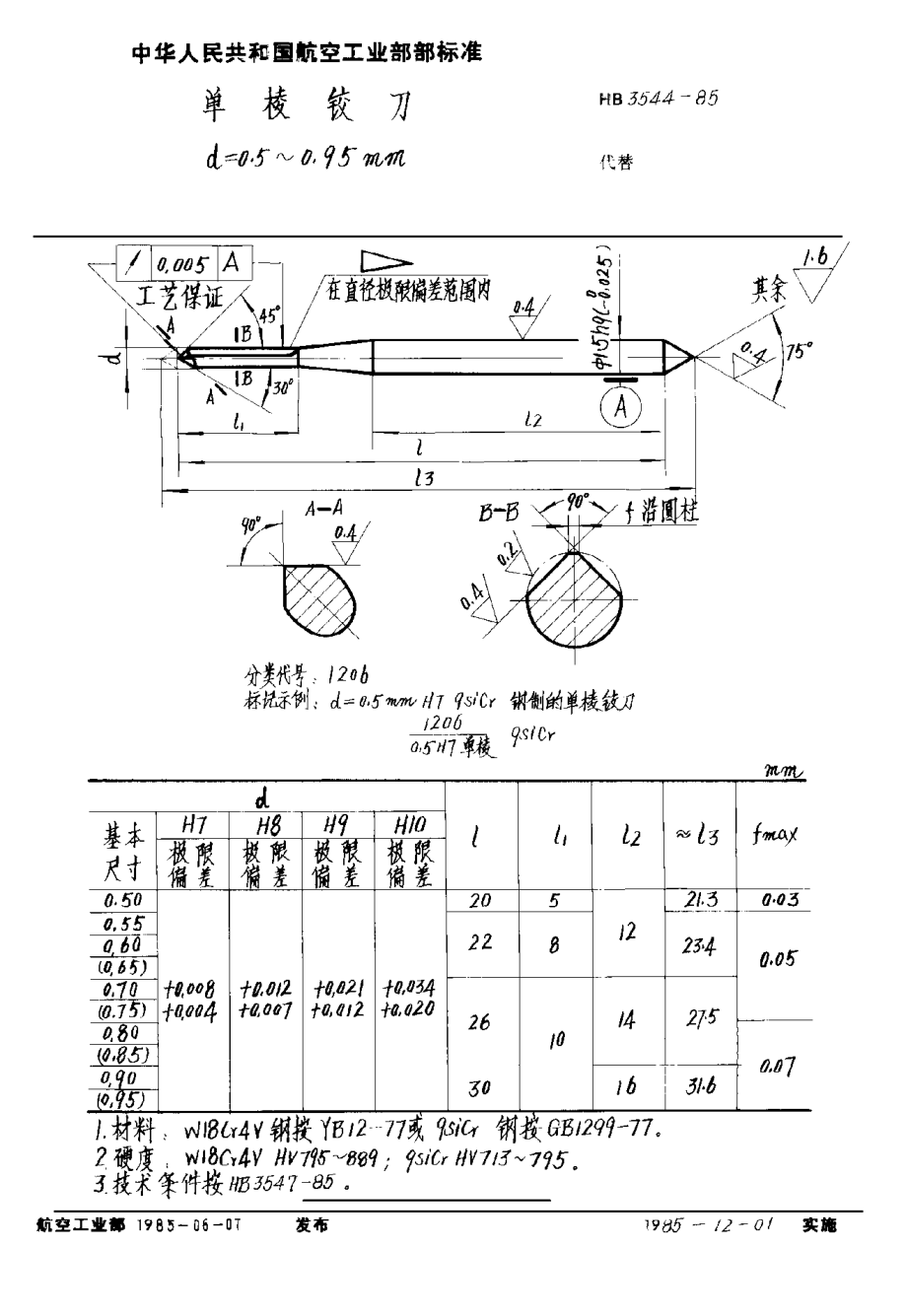 HB 3544-1985單棱鉸刀 d＝0.5~0.95mm