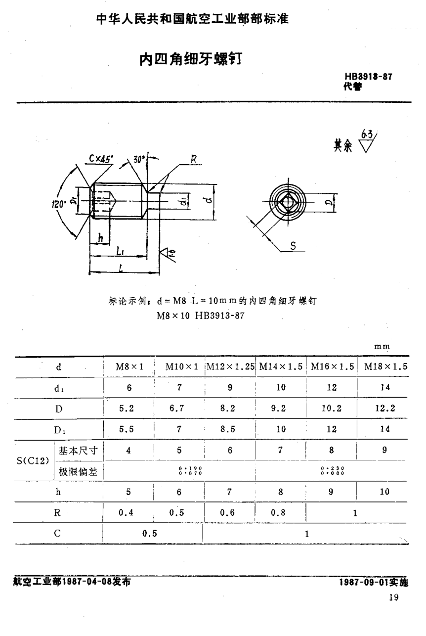 HB 3913-1987內(nèi)四角細牙螺釘