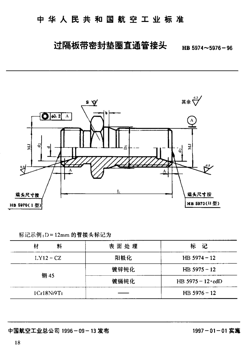 HB 5975-1996過隔板帶密封墊圈直通管接頭