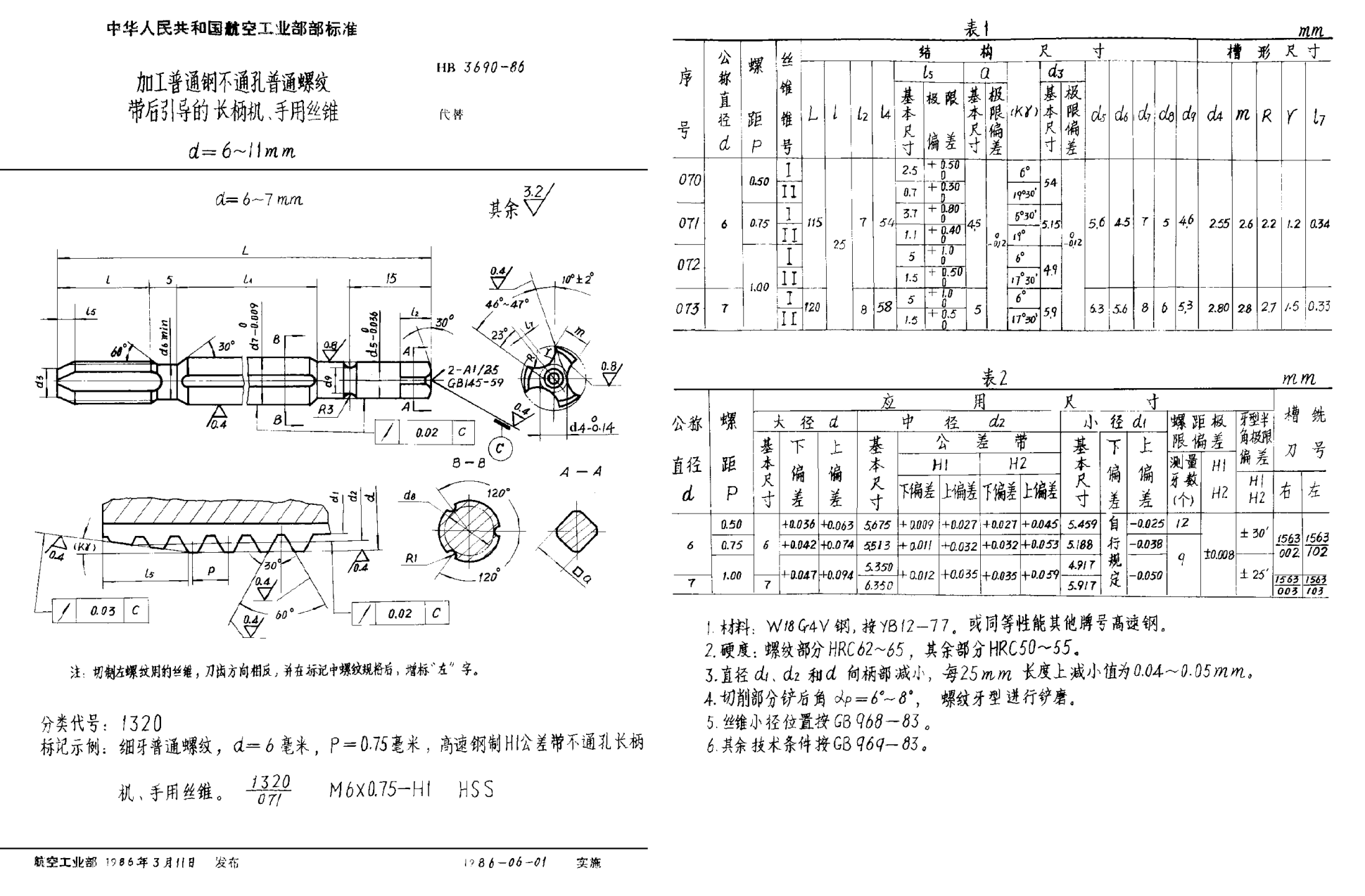 HB 3690-1986加工普通鋼不通孔普通螺紋帶后引導(dǎo)的長(zhǎng)柄機(jī)、手用絲錐 d＝6~11mm