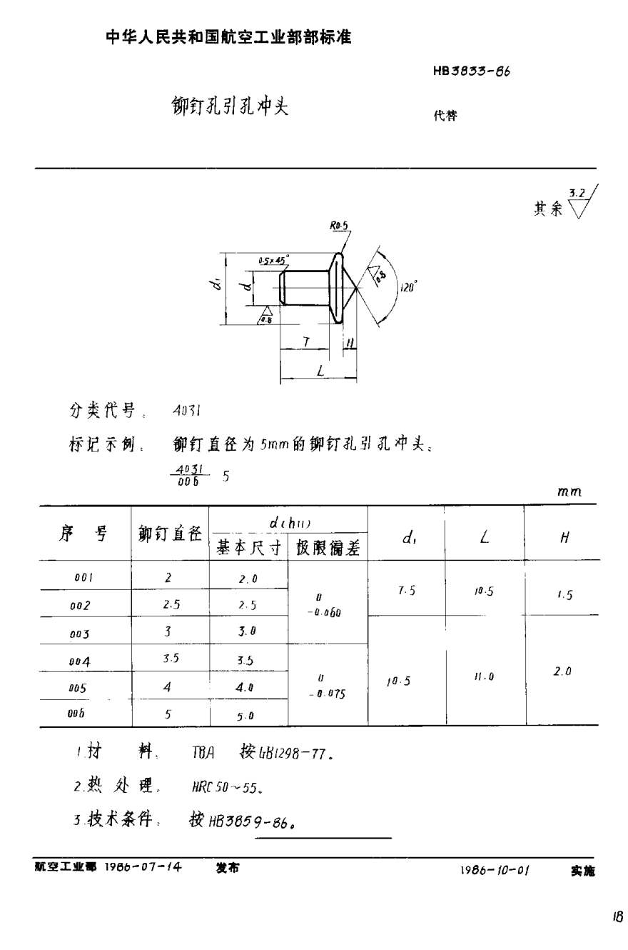 HB 3833-1986鉚釘孔引孔沖頭
