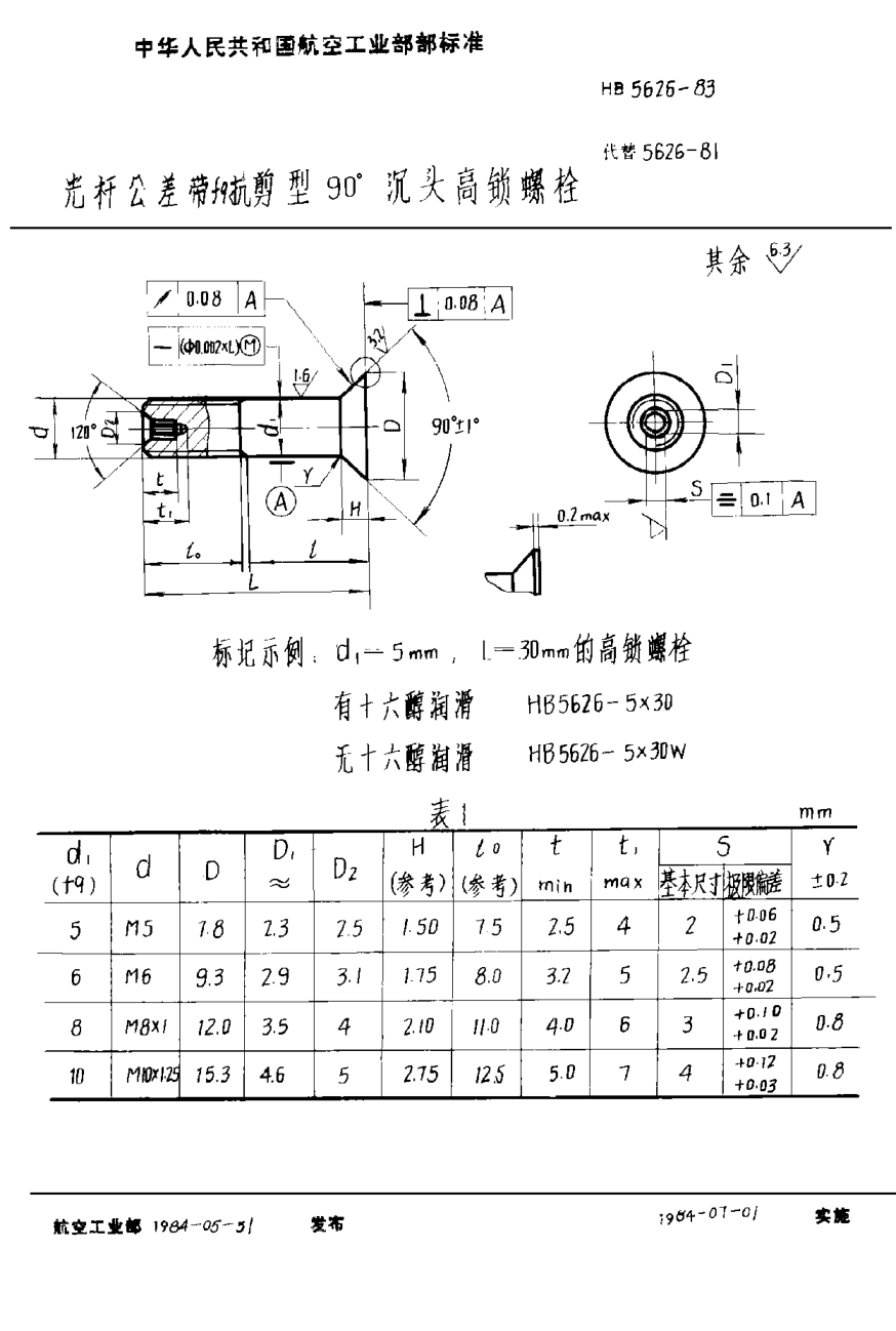 HB 5626-1983光桿公差帶ｆ９抗剪型９０°沉頭高鎖螺栓