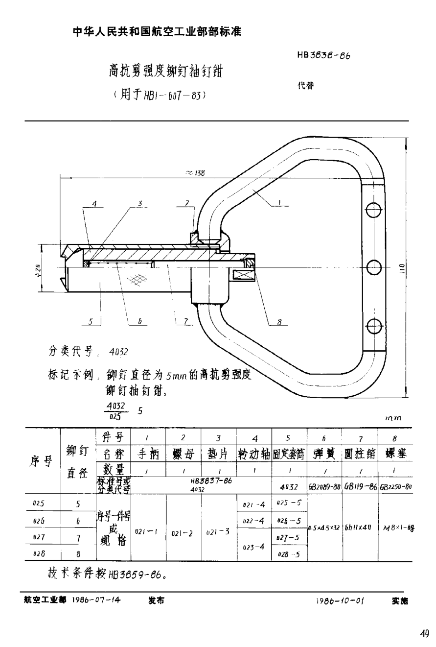 HB 3838-1986高抗剪強度鉚釘抽釘鉗 （用于ＨＢ １－６０７－８３）