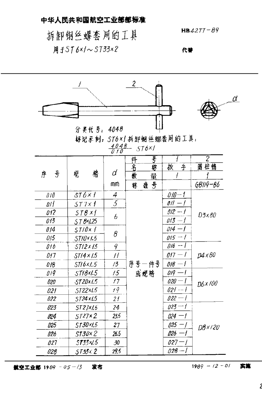 HB 4277-1989拆卸鋼絲螺套用的工具用于ＳＴ６×１~ＳＴ３３×２