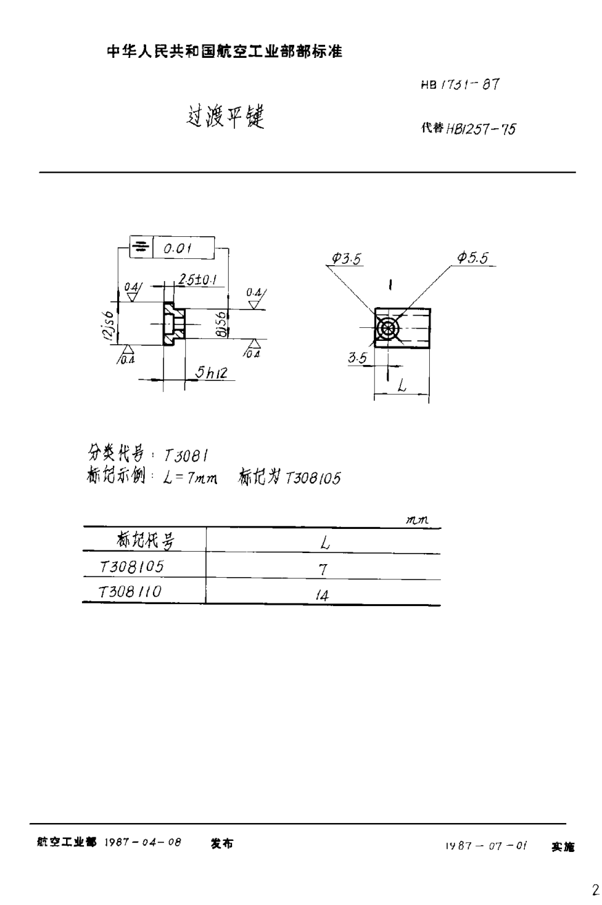 HB 1731-1987過渡平鍵