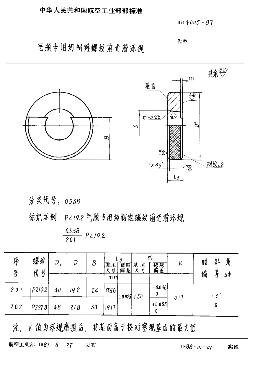 HB 4005-1987氣瓶專用切制錐螺紋前光滑環(huán)規(guī)