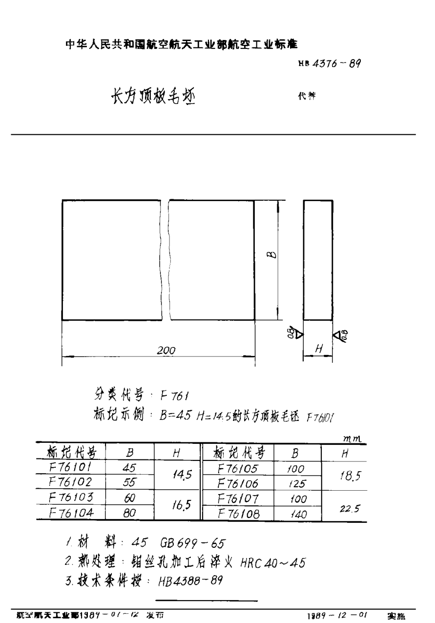 HB 4376-1989長(zhǎng)方頂板毛坯