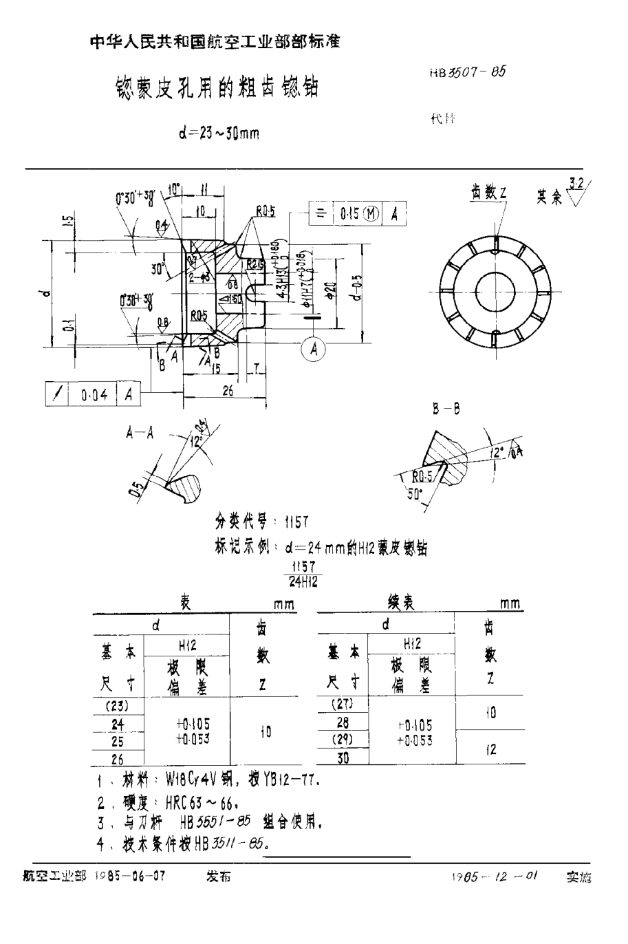 HB 3507-1985锪蒙皮孔用的粗齒锪鉆 d＝23~30mm