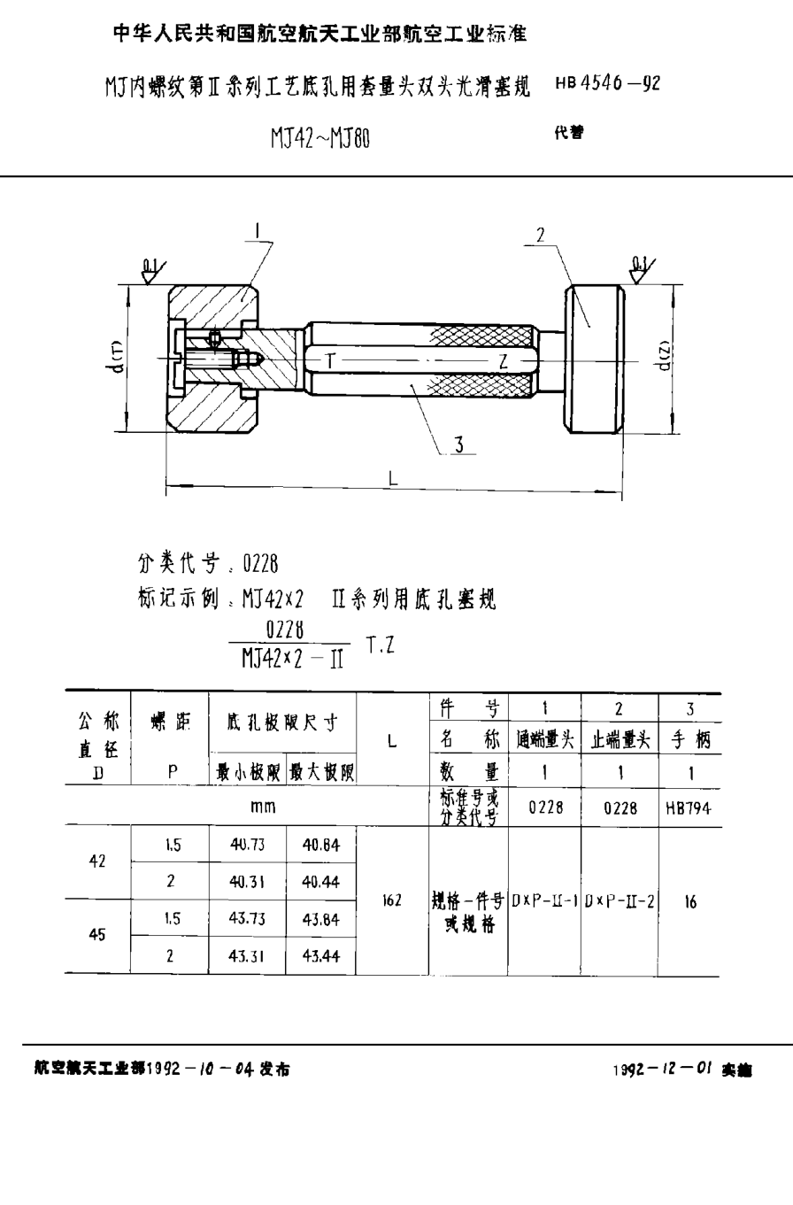 HB 4546-1992ＭＪ內螺紋第Ⅱ系列工藝底孔用套量頭雙頭光滑塞規(guī) ＭＪ４２~ＭＪ８０
