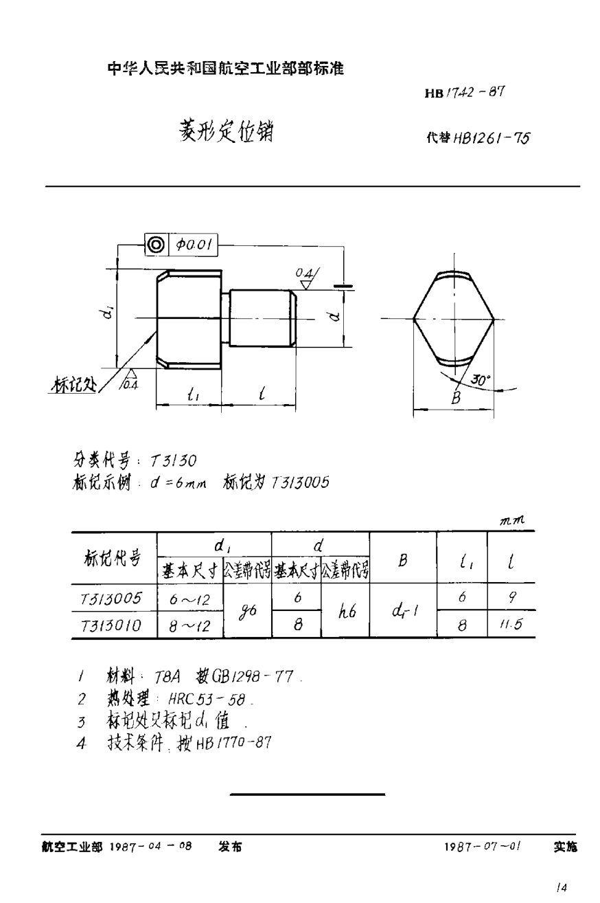 HB 1742-1987菱形定位銷