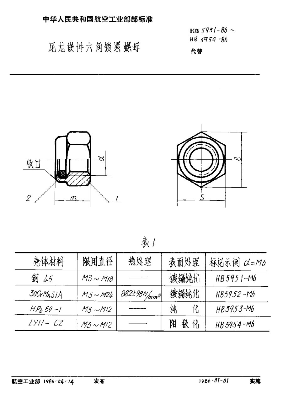 HB 5951-1986尼龍嵌件六角鎖緊螺母