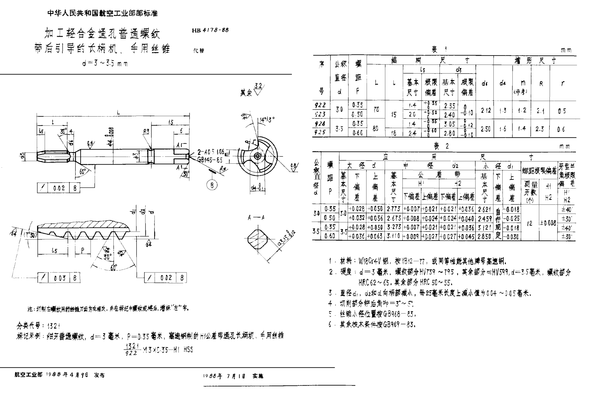 HB 4178-1988加工輕合金通孔普通螺紋帶后引導(dǎo)的長(zhǎng)柄機(jī)、手用絲錐 ｄ＝３~３．５ｍｍ
