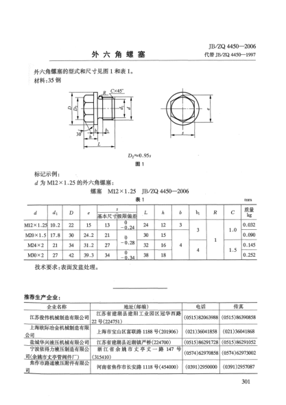 JB/ZQ 4450-2006外六角螺塞