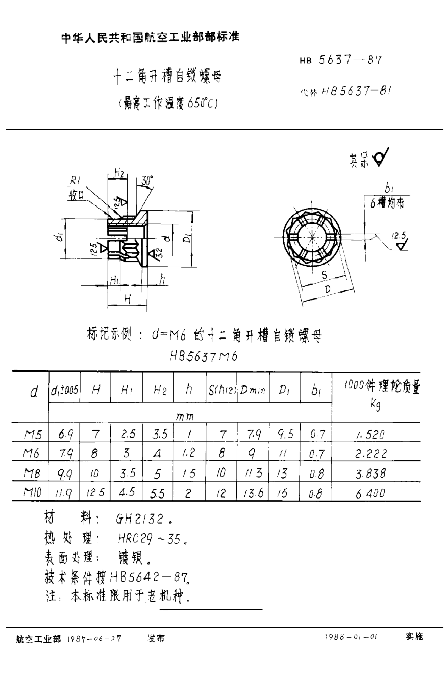 HB 5637-1987十二角開(kāi)槽自鎖螺母（最高工作溫度６５０°Ｃ）