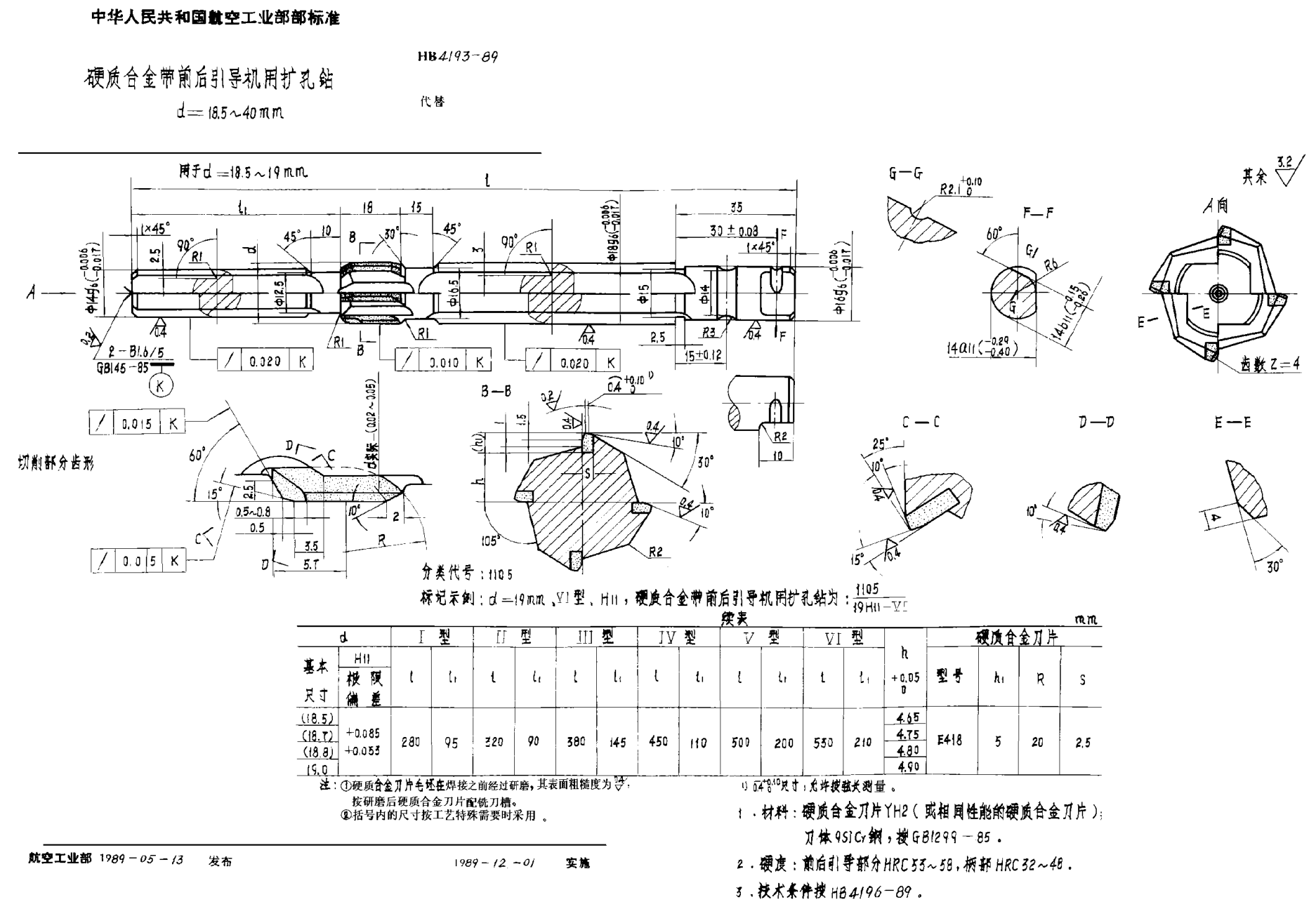 HB 4193-1989硬質合金帶前后引導機用擴孔鉆 ｄ＝１８．５~４０ｍｍ