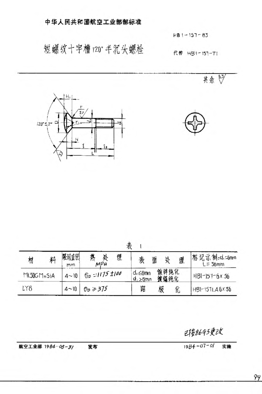 HB 1-157-1983短螺紋十字槽120°半沉頭螺栓