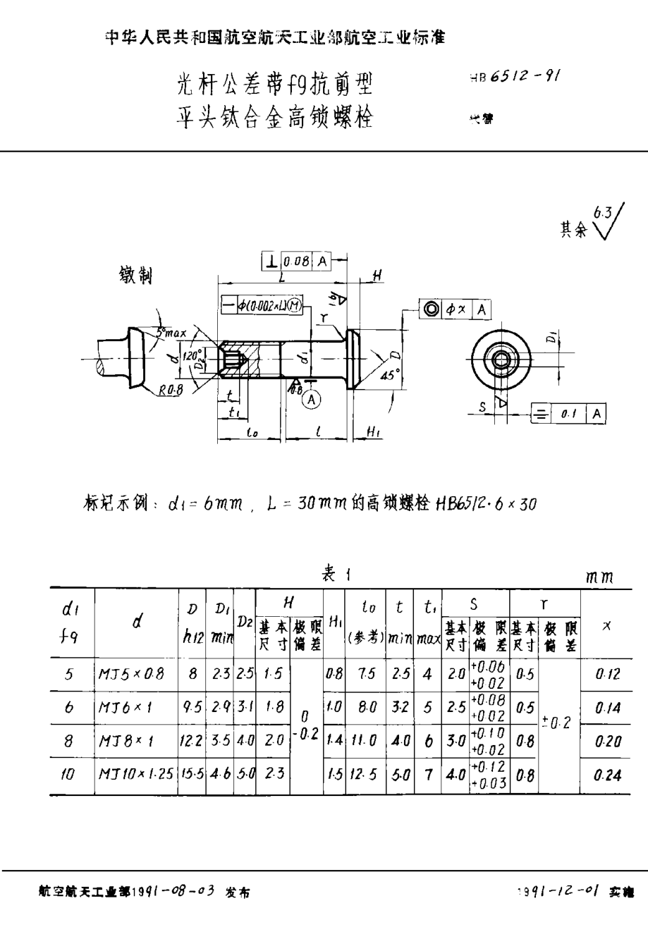 HB 6512-1991光桿公差帶ｆ９抗剪型平頭鈦合金高鎖螺栓