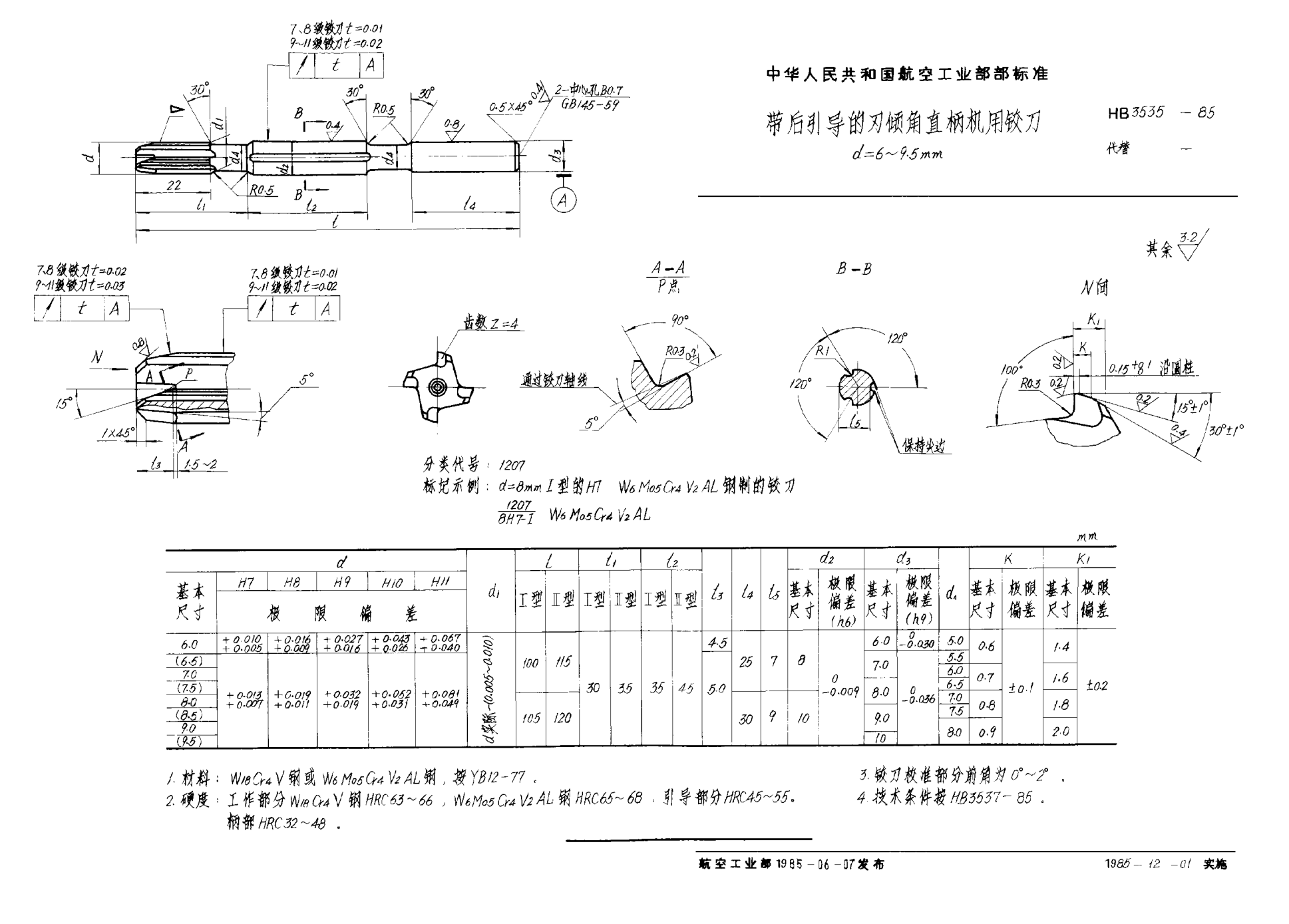 HB 3535-1985帶后引導(dǎo)的刃傾角直柄機(jī)用鉸刀 d＝6~9.5mm