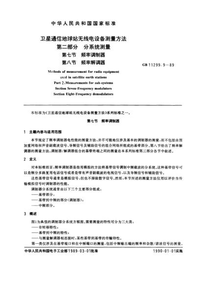 GB/T 11299.9-1989衛(wèi)星通信地球站無(wú)線(xiàn)電設(shè)備測(cè)量方法  第2部分:分系統(tǒng)測(cè)量  第7節(jié):頻率調(diào)制器  第8節(jié):頻率解調(diào)器