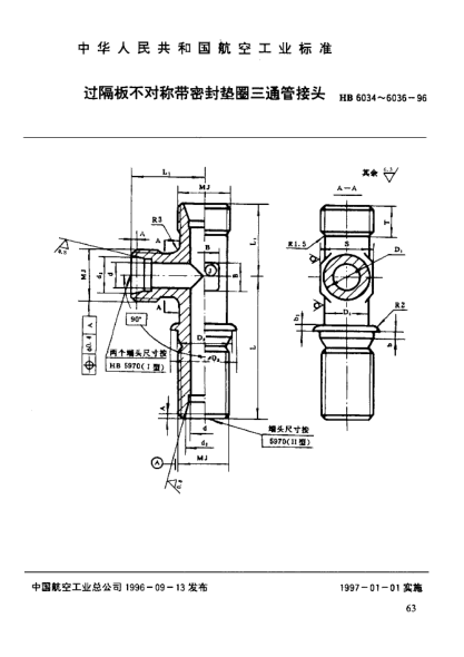 HB 6036-1996過隔板不對稱帶密封墊圈三通管接頭