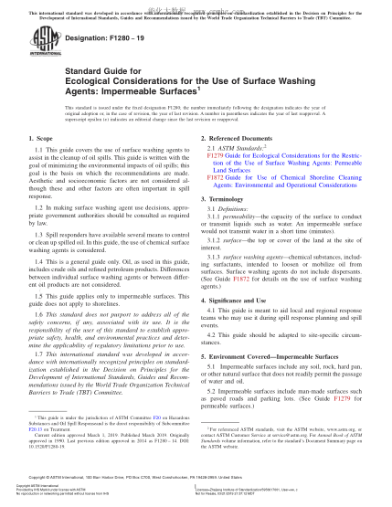 ASTM F1280-2019 在不能滲透的表面使用表面洗滌劑的生態(tài)考慮指南 Standard Guide for Ecological Considerations for the Use of Surface Washing Agents: Impermeable Surfaces