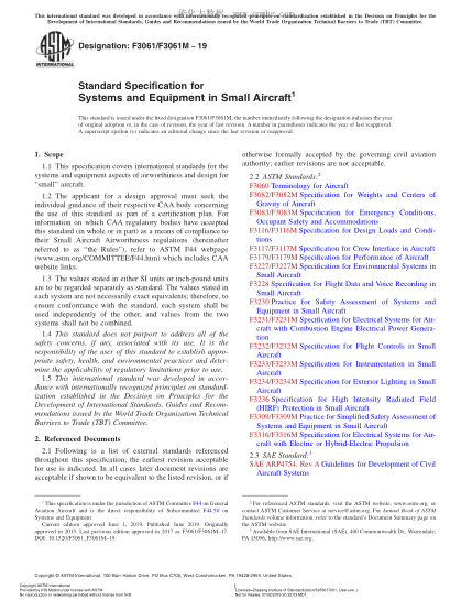 ASTM F3061/F3061M-2019  Standard Specification for Systems and Equipment in Small Aircraft