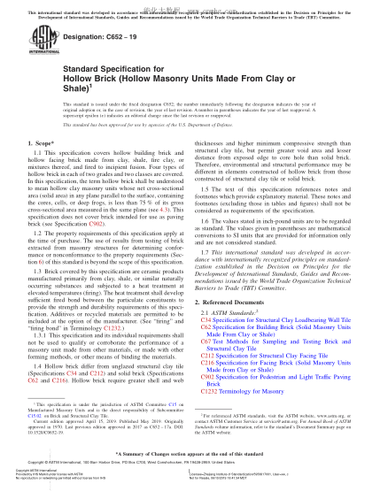 ASTM C652-2019Standard Specification for Hollow Brick (Hollow Masonry Units Made From Clay or Shale)