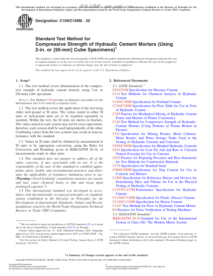 ASTM C109/C109M-2020  Standard Test Method for Compressive Strength of Hydraulic Cement Mortars (Using 2-in. or [50-mm] Cube Specimens)